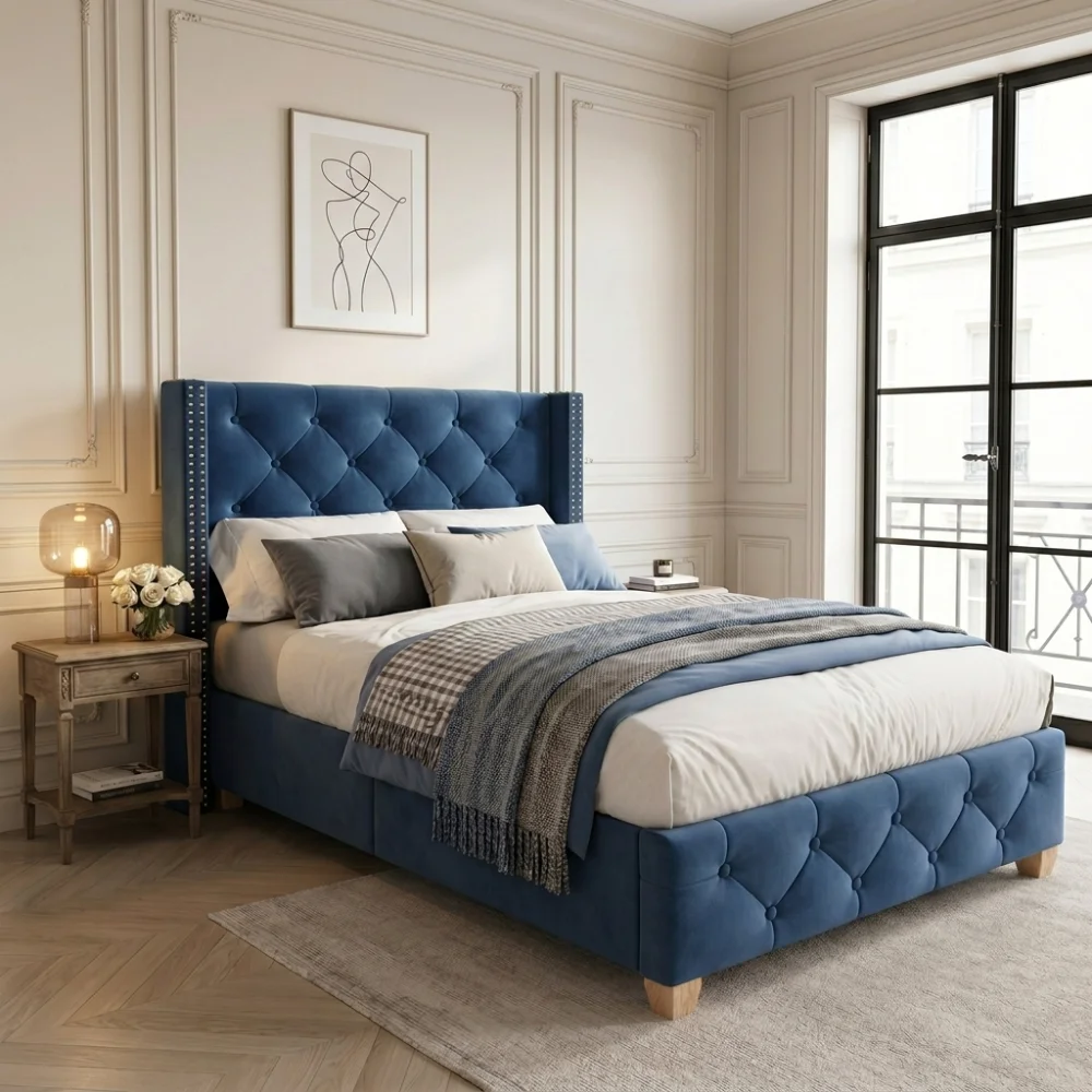 Gepolstertes Einzelbett 90 x 200 cm, Samtstoff, Knopfheftung, Nagelkopfverzierung, Massivholz-Bettbeine, ausgestattet mit Kopfteil und Lattenrost, moderne Schlafzimmermöbel, blau