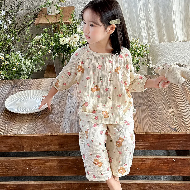 Korean Kids Pajamas Set Long Sleeved Cotton Printed Cardigan+Pants Children Pajama Suit Baby Girls Boys Home Wear