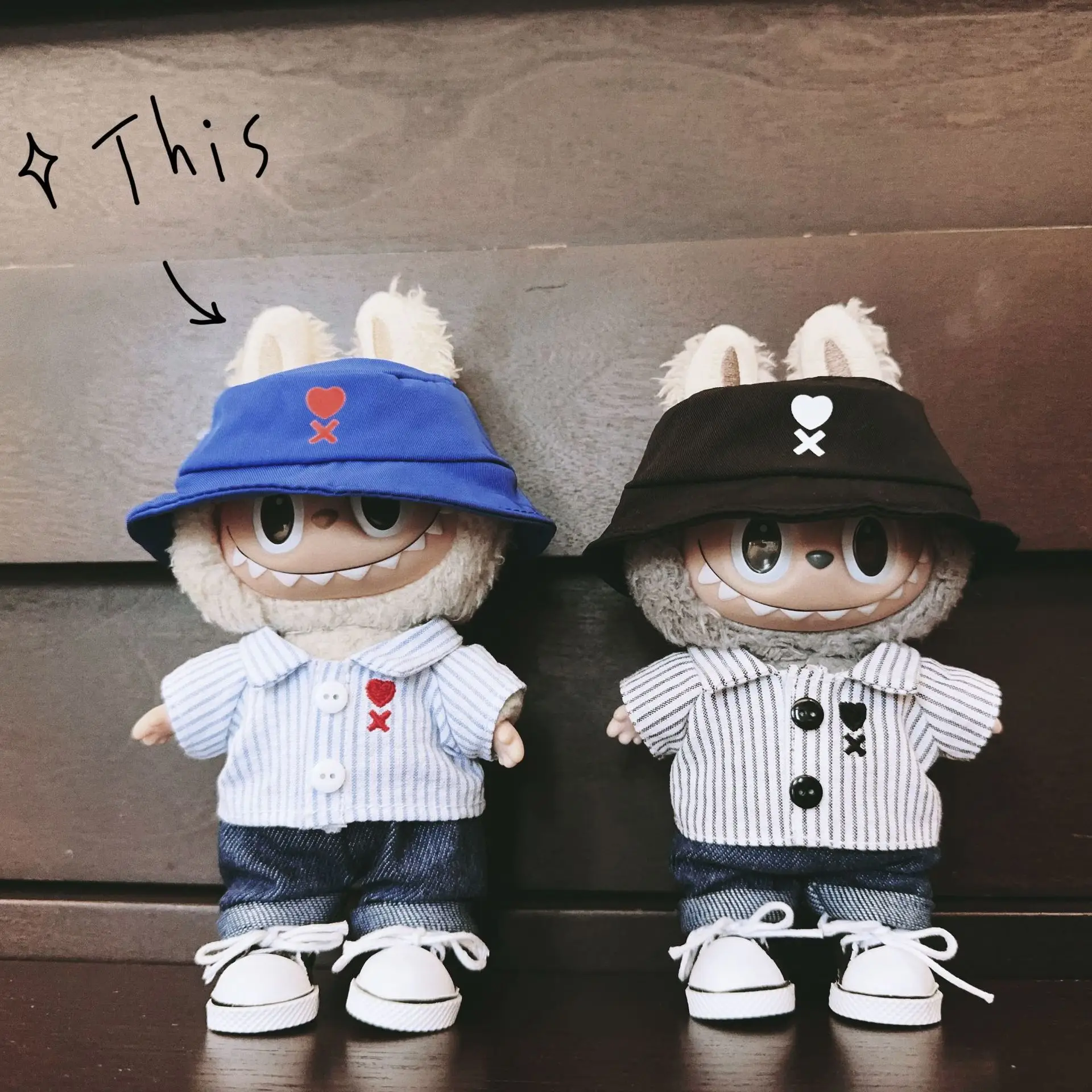 

Clothes For Labubu 15/17Cm Dolls Gen 1-3 Love Striped T-Shirt Jeans Canvas Shoes Set Apparel Hanging Accessories