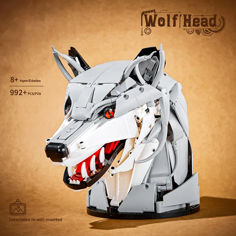 Creative MOC 992pcs Wolf Head Model Building Blocks Set DIY Wolf Head Wall-mounted Decoration Bricks Toys For Children Gifts