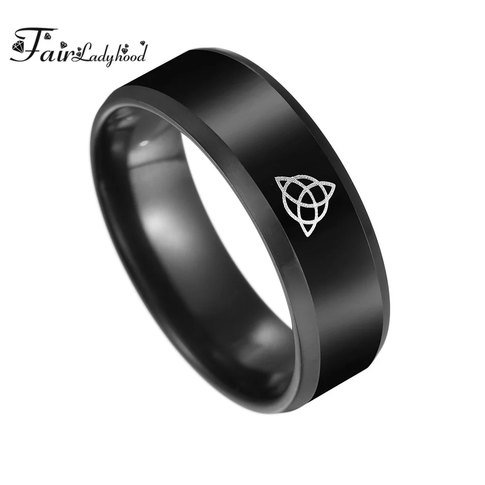 FairLadyHood 8mm Black Color Celtics Knot Magic Ring Stainless Steel Fenrir Irish Knot Signet Vikings Amulet Ring For Men Rings