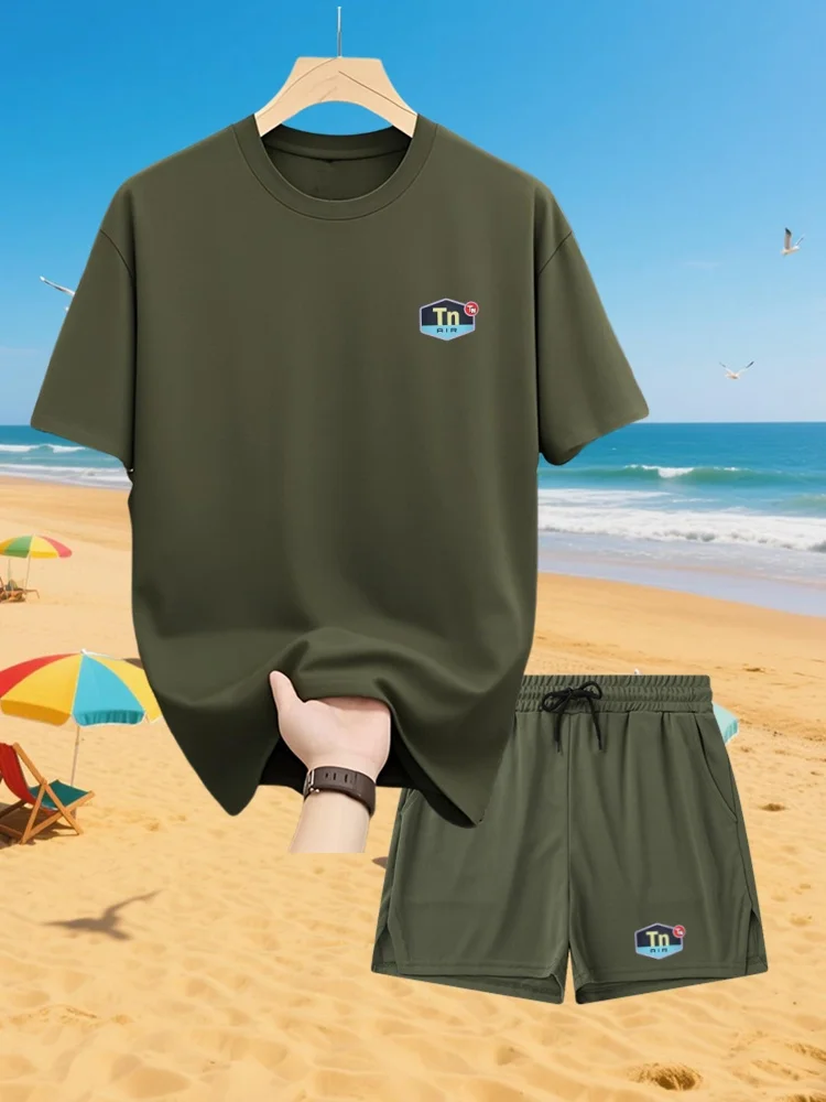 شورت تي شيرت شبكي صيفي للرجال، رياضي، ترفيهي، فضفاض وعصري Tn RIR مطبوع بأكمام قصيرة، بدلة سريعة الجفاف