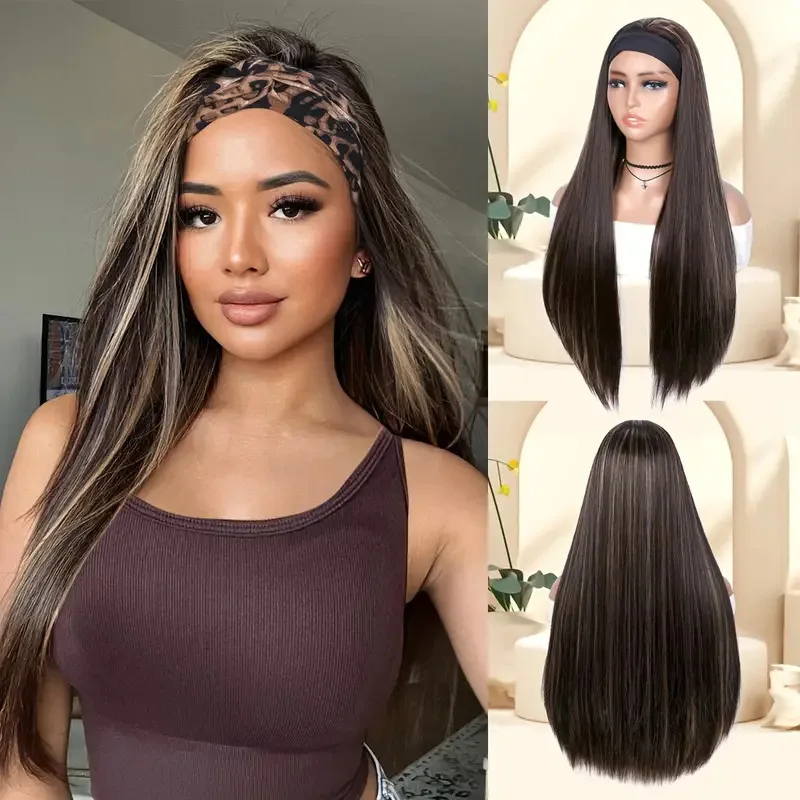 Wig Ice Silk Hair Strap Long Straight Hair Lazy Hair Strap One piece Natural Fashion Brown Gold Mixed Color Women's Head Cover