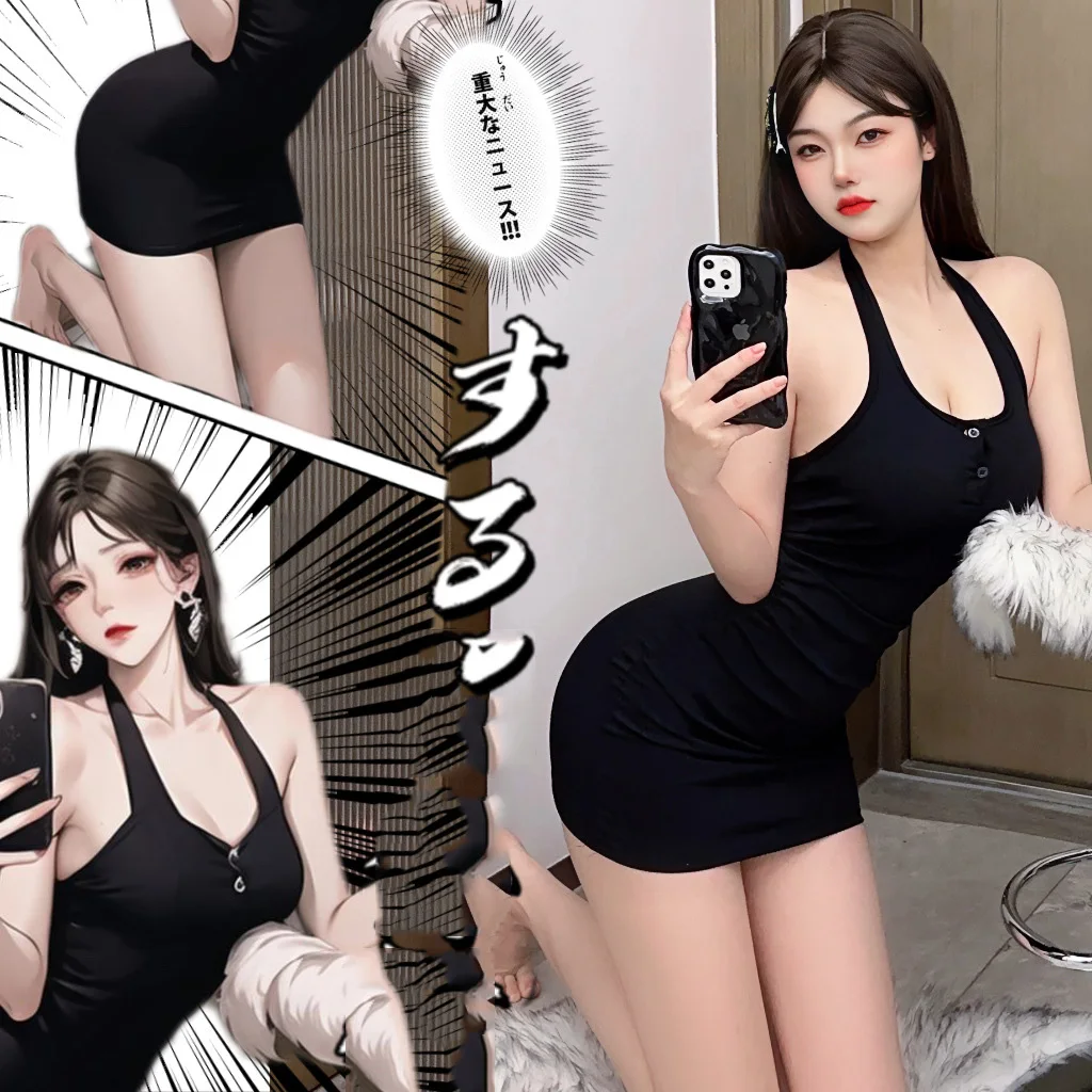

Nightgown neck hanging suspender sleepwear sexy seduction hip hugging skirt fetish latex sexy outfits Short dresses sexy girl