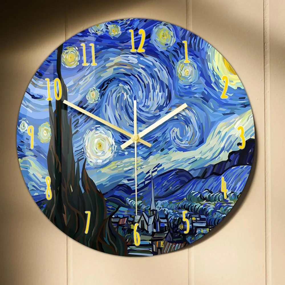 The Starry Night Famous Art Decor Painting Printed Wall Clock Vincent Van Gogh Artwork Silent Sweep Wall Watch For Artist RoomTh