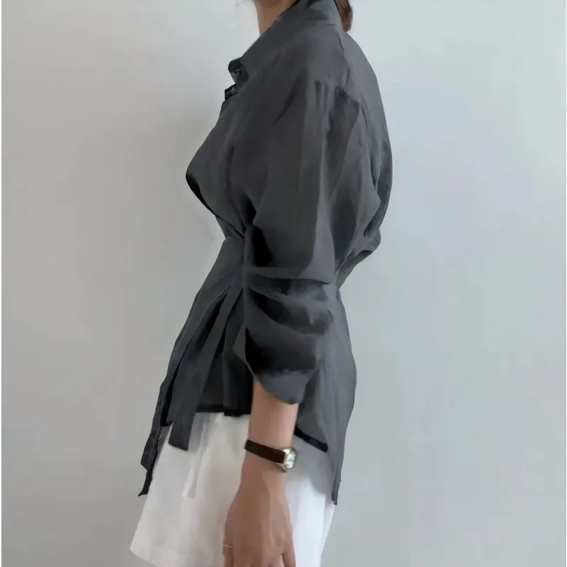 フランス製高級ライトラグジュアリーシャツ、面接用韓国版長袖薄手プロフェッショナル女性用サマーシャツ