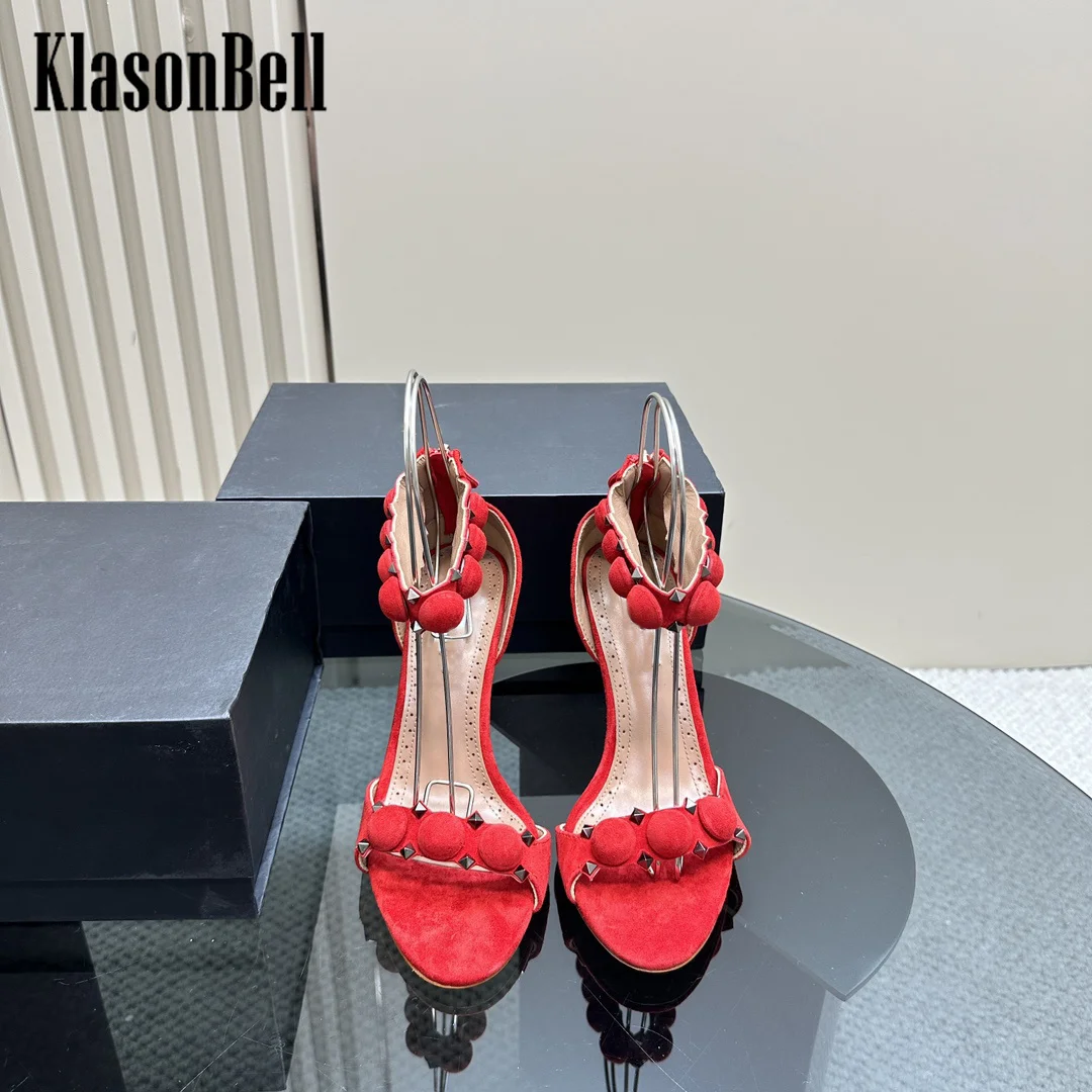 7.3 KlasonBell Women Metal Rivet High Heel Sandals 2024 Summer New Cow Suede Back Zipper Peep Toe Fashion Sandals