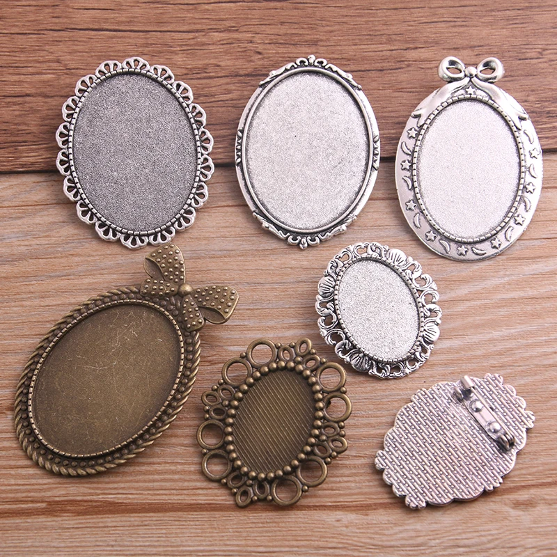 4pcs 30*40/18*25mm Inner Size Antique Silver color/Bronze Oval Brooch 7 Style Cabochon Base Setting Charms Pendant