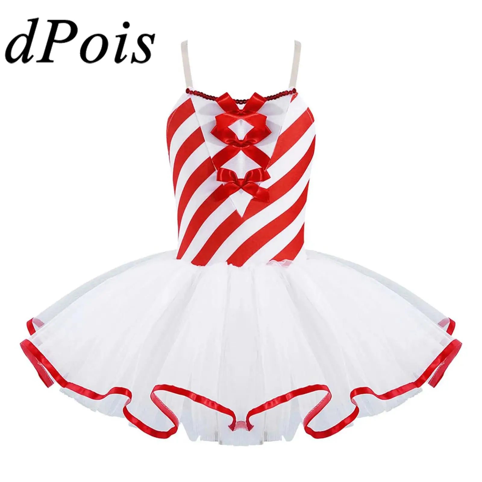 Kids Girls Striped Candy Cane Costume New Year Gift Ballet Dance Tutu Figure Ice Skating Dress Holiday Christmas Party Costumes