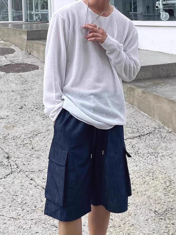 Suéter de Punto Hoado de Manga Larga para Hombre, Cuello en U, Malla Calada, Suave, Transpirable, Informal, de Verano, de H...