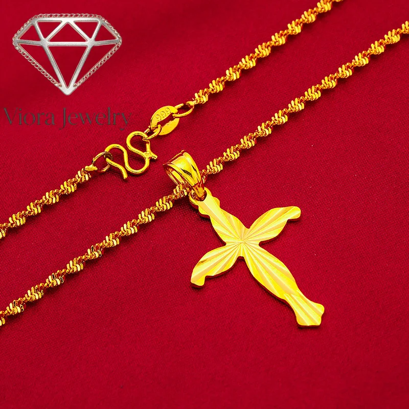 

Viora Jewelry 24K Gold AU999 Cross & Water Wave Necklace Women - Premium gold, cross for protection, wave for softness, fits dai