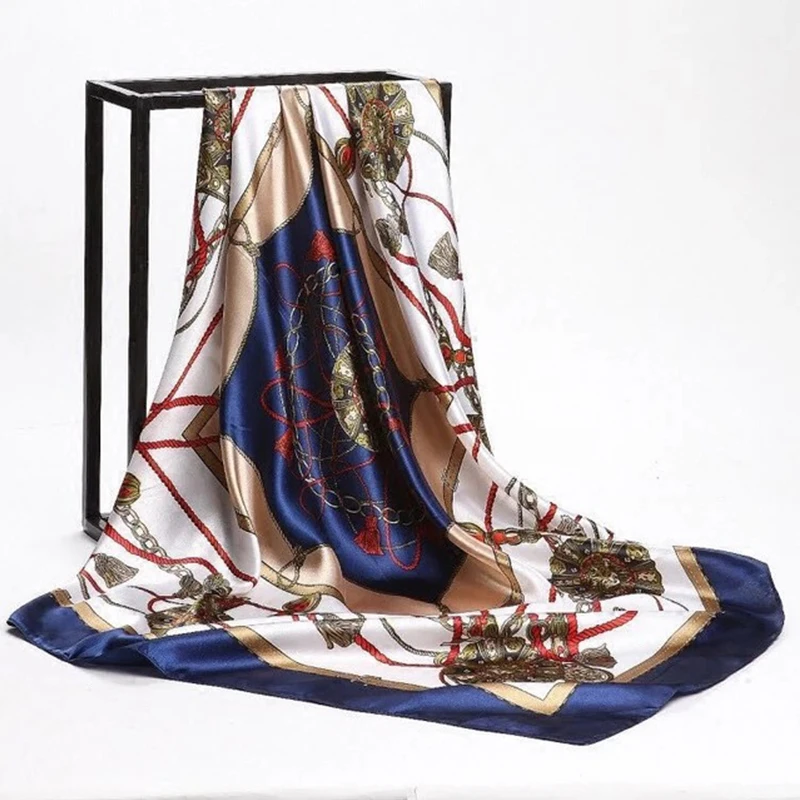 90*90cm Women Square Silk Scarf Luxury Brand Large Shawl Neckerchief Print Headband Female Foulard Bandana Wraps Hijab Scarves image 3