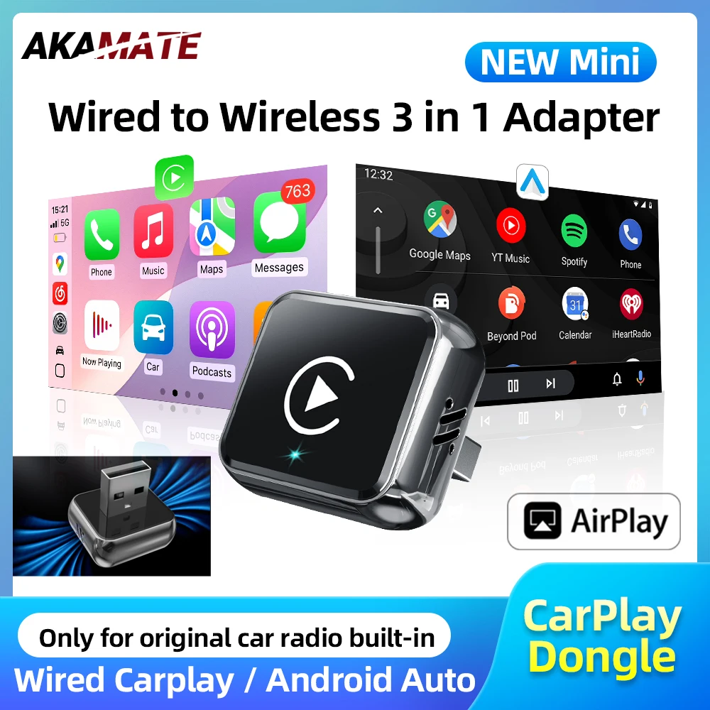 

3в1 беспроводной адаптер CarPlay Airplay Android Auto с проводным подключением к беспроводному ключу Bluetooth Plug and Play Mini AI Box