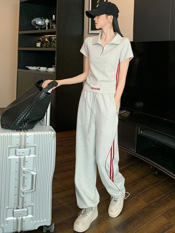 

Summer Casual Sportswear Set Women's Fashion Anti-Aging Grey Short Sleeve Top Wide Leg Pants Two-Piece Set Cotton round Neck