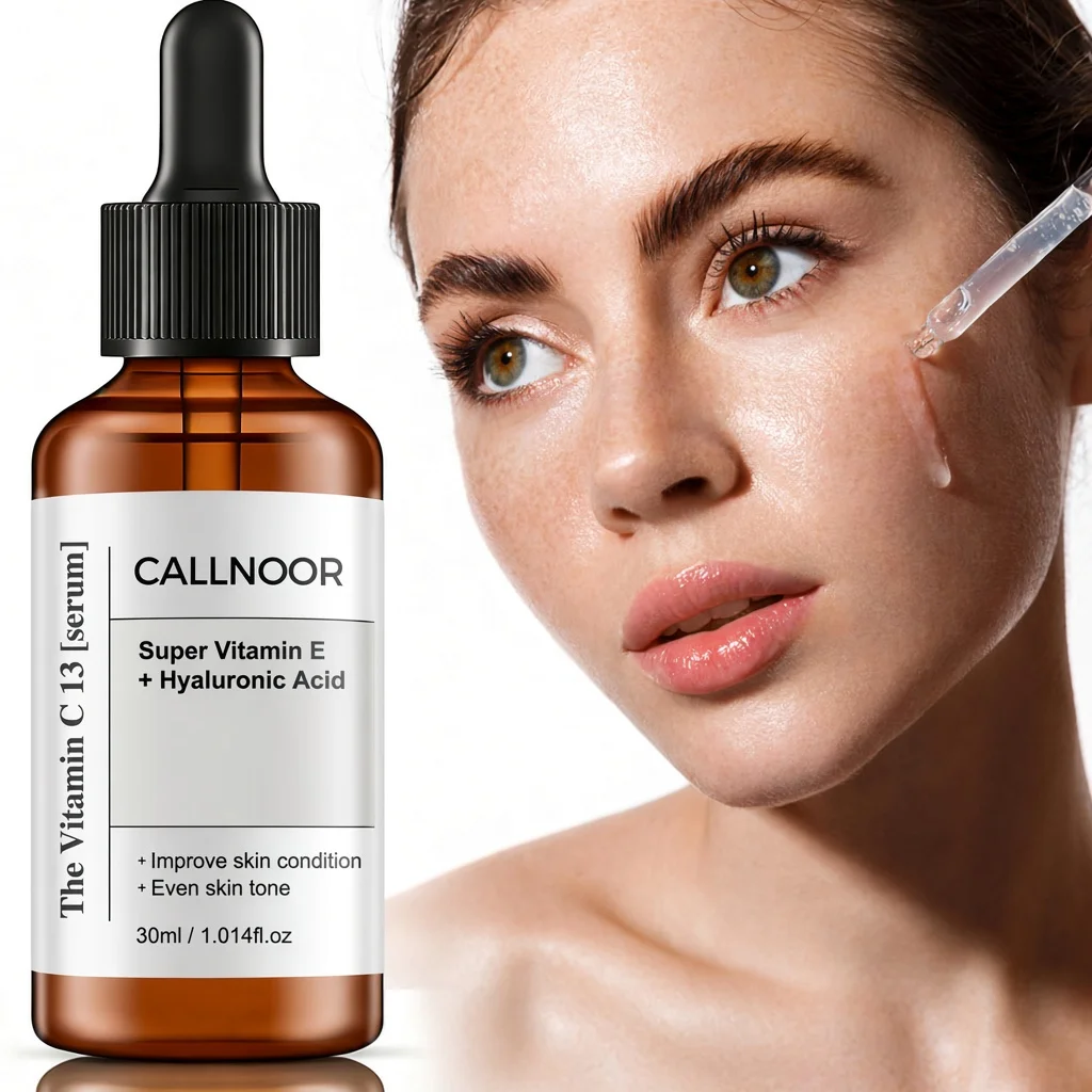O Sérum de Vitamina C 13, Super Vitamina E, Ácido Hialurônico, Esfoliante 7 em 1, para uma tez mais luminosa e uma pele mais macia.
