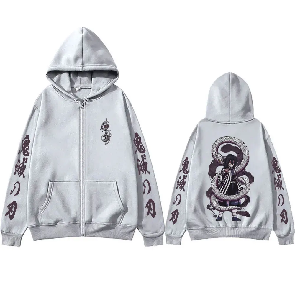 Anime Demon Slayer Serpent Hashira Iguro Obanai Graphic Print Zipper Hoodie Men Women Fashion Oversized Zip Up Jacket Sweatshirt