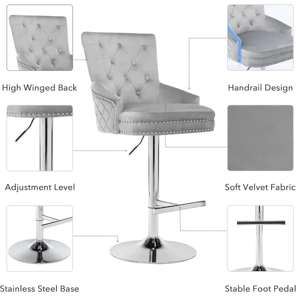 Velvet Swivel Bar Stools Set of 2, Upholstered Bar Stool Chair with Button Tufted Back and Pull Ring, Height Adjustable Swivel image 5