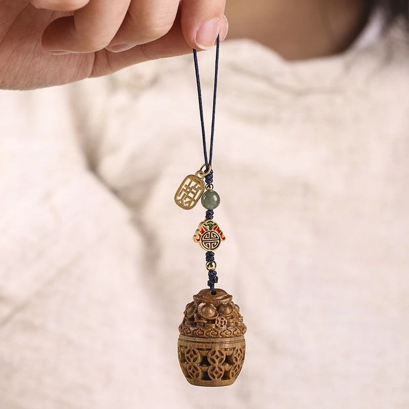 Green Sandalwood Wooden Treasure Pot Sachet Hollowed Out Carved Mobile Phone Bag Keychain Pendant Accessories