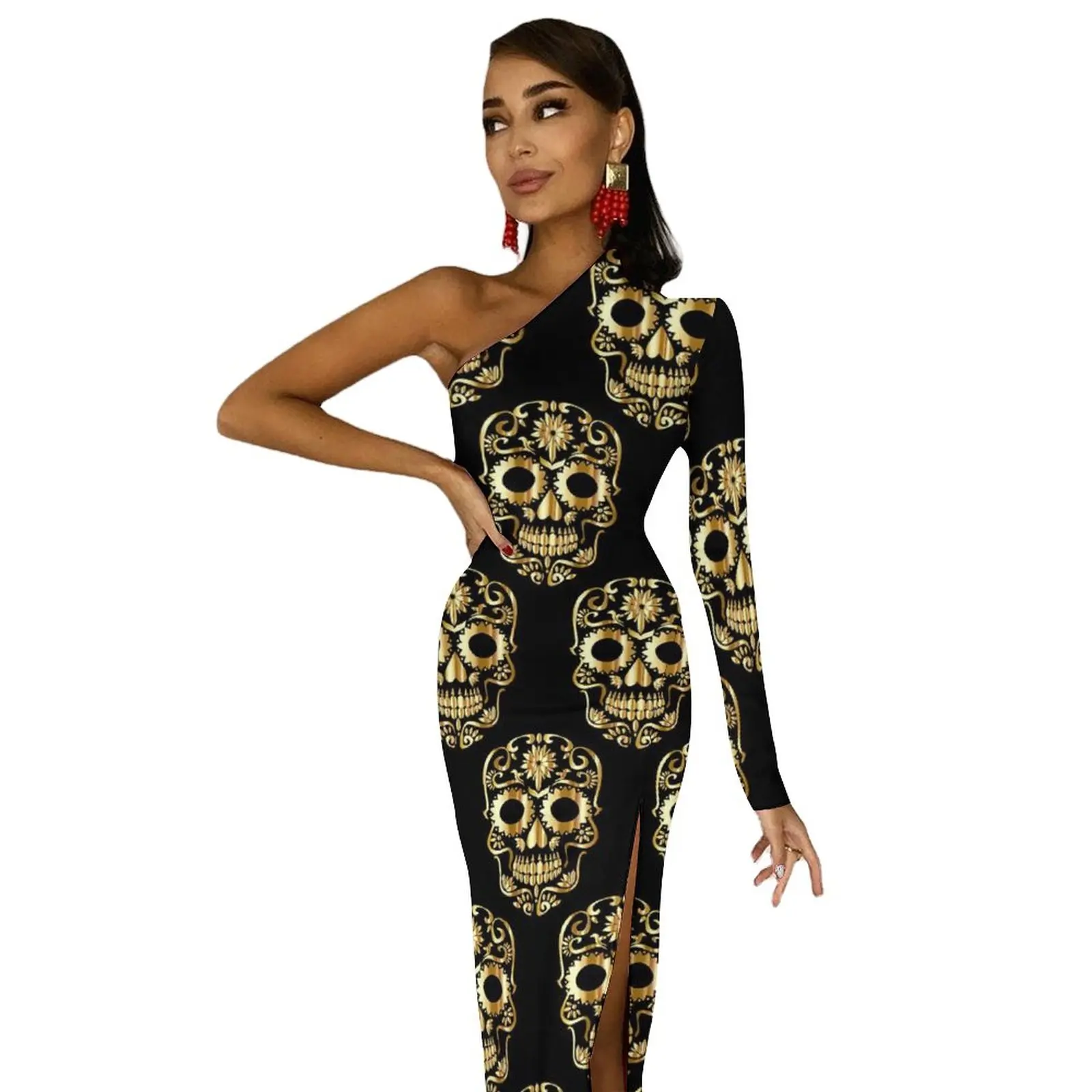 Złota sukienka z czaszką w kształcie cukru Wiosna Abstrakcyjne czaszki Eleganckie długie sukienki z rozcięciem z boku Sukienka na jedno ramię z nadrukiem