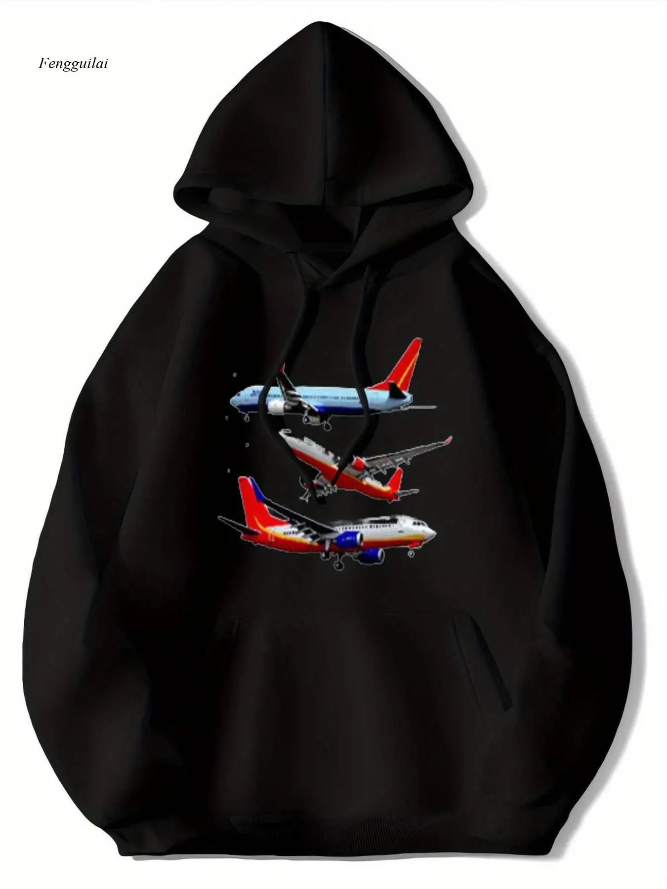 Felpa con cappuccio con stampa di aeroplani: felpa pullover casual a maniche lunghe, tessuto in morbido pile, vestibilità comoda, ideale per gli appassionati dell'aviazione