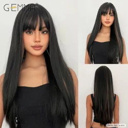 GEMMA Synthetic Hair Wigs Brown Highlight Black Long Straight Wigs with Bangs for Women Cosplay Daily Use Heat Resistant Wig