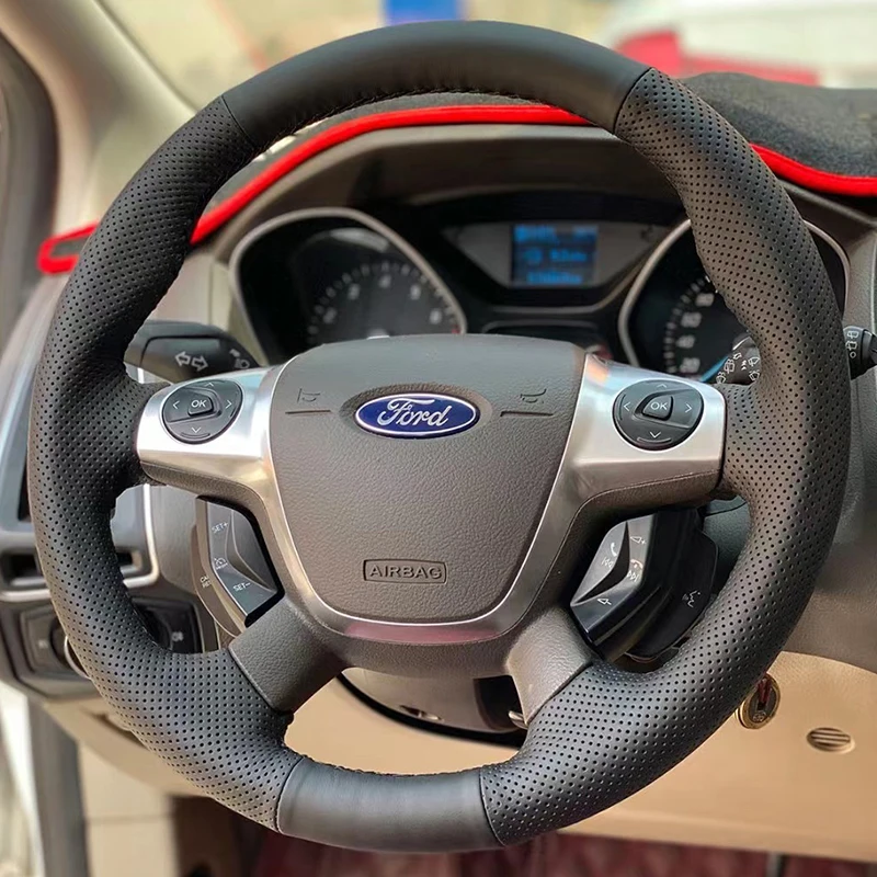 

Hand-sewn Car Steering Wheel Cover for Ford Focus 3 2012-2014 C-MAX 2011-2014 KUGA Escape 2013-2016 Microfibre Leather Braid