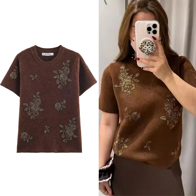 

Шикарный вязаный пуловер, женский винтажный короткий свитер с украшением из бисера, модный повседневный женский элегантный трикотаж с коротким рукавом, топ