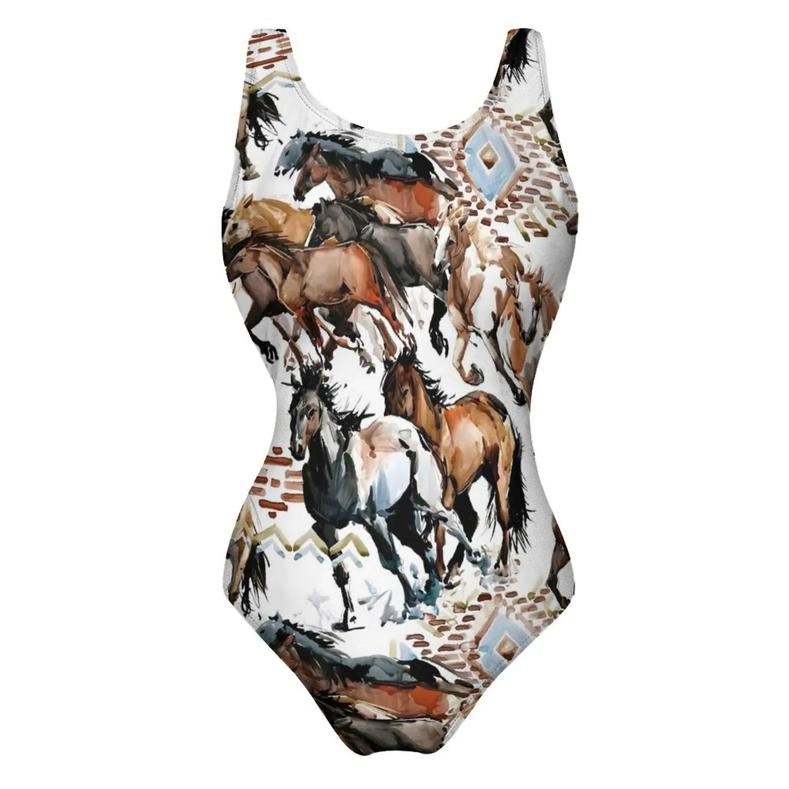 Watercolor Horse Swimsuit Retro Print One-Piece Swimwear Push Up Stylish Bathing Suit Sexy Holiday Rave Design Bodysuit