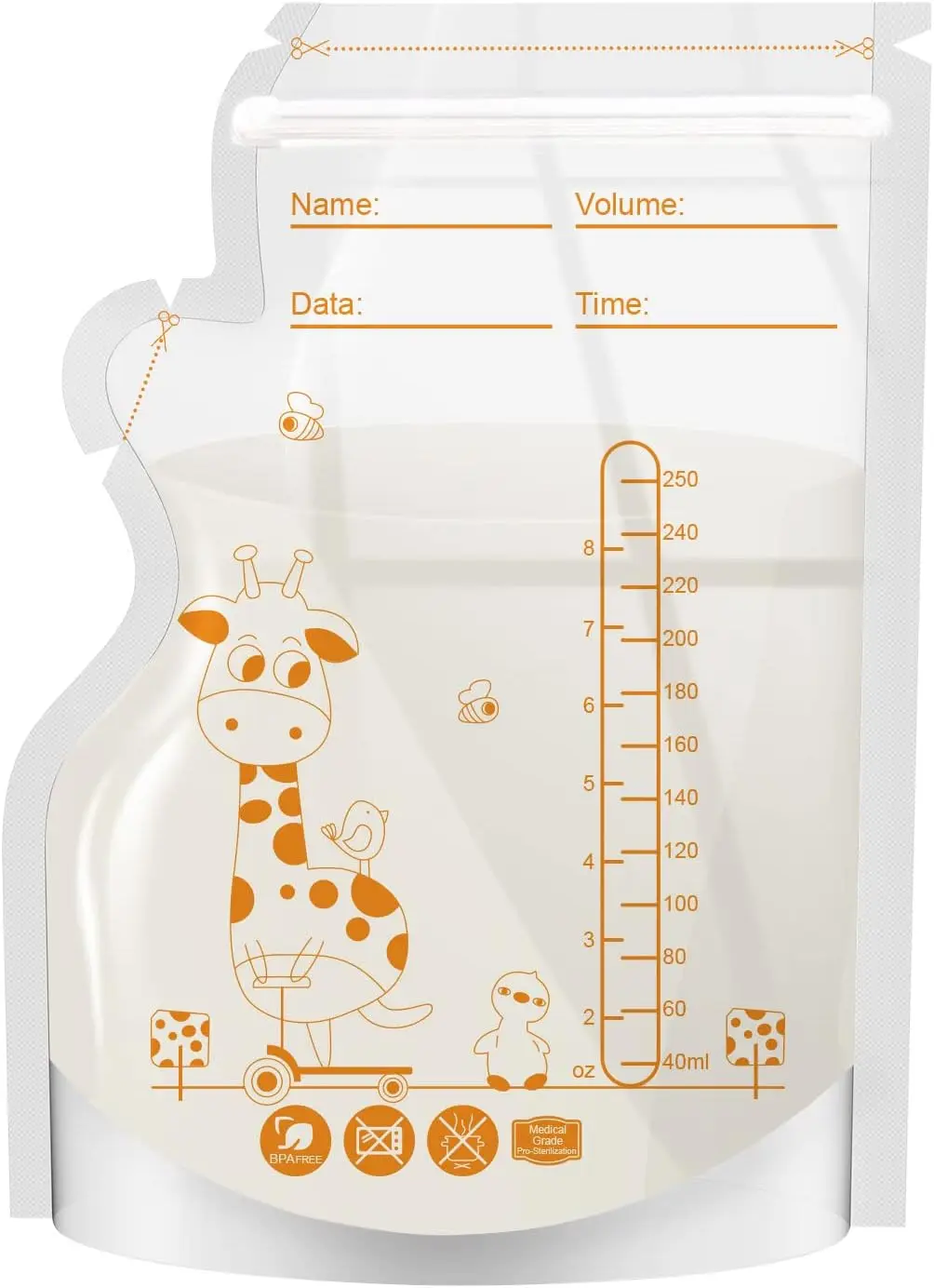 Giraffe 100pcs Breastmilk Storage Bag Self Standing Baby Food Storage Containers No Leak Milk Freezer Bags Safe Feed BPA Free