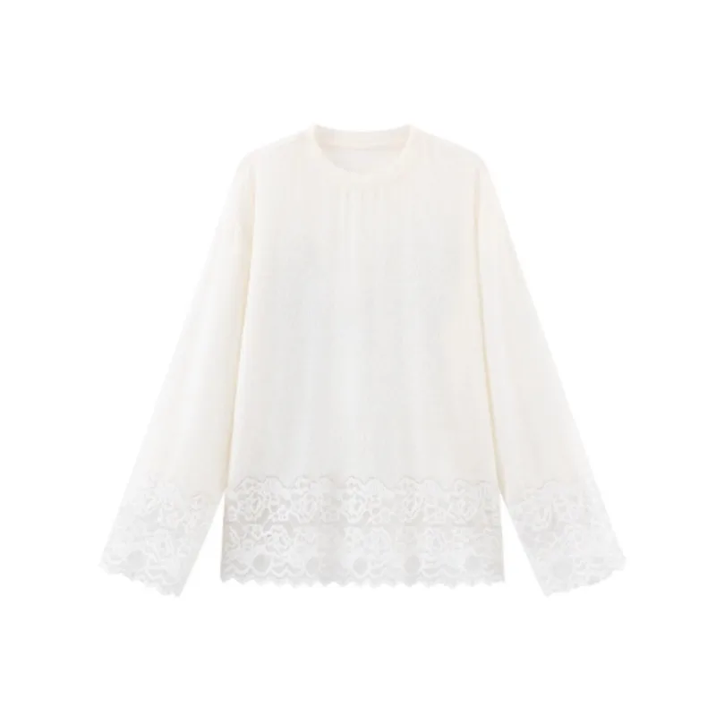 بلوزة أنيقة ذات ياقة مدورة من الدانتيل على الطراز الفرنسي، بلوزة متماسكة بقصة ضيقة، قميص داخلي ناعم بأكمام طويلة للنساء، طبقات عصرية شتوية #6