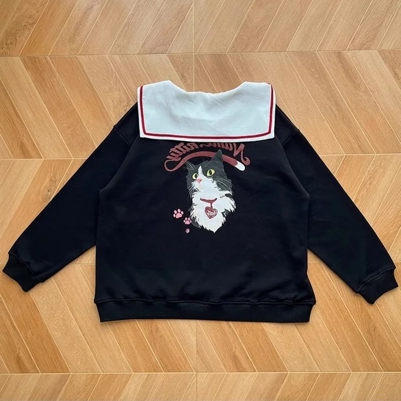 Japanese Preppy Style Cute Women Sweatshirt Cartoon Cat Embroidery Hoodies Long Sleeve Sailor Collar Sweet School Girl Pullovers