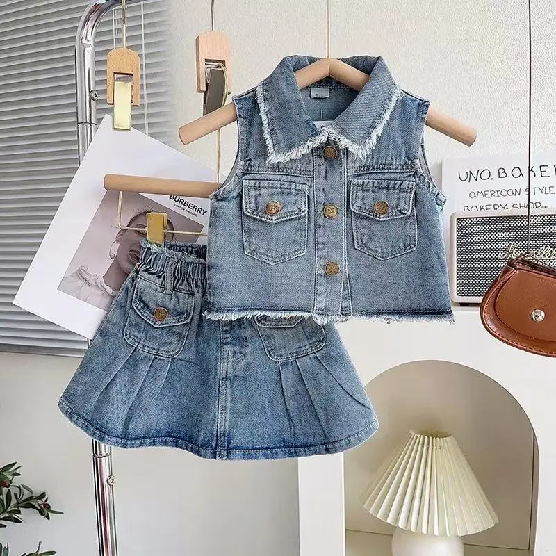 

Kids Girls' Cowboy Vest Set 2025 New Summer Fashionable Washed Girls' Sleeveless Coat+pleated Skirt Two Piece Set