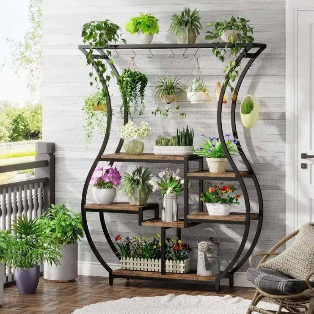 

70.9 Inch 6-Tier Plant Stand, Tall Plants Shelf with 10 Hanging Hooks, Ladder Plants Stand, Multi-Purpose Plant Display Rack