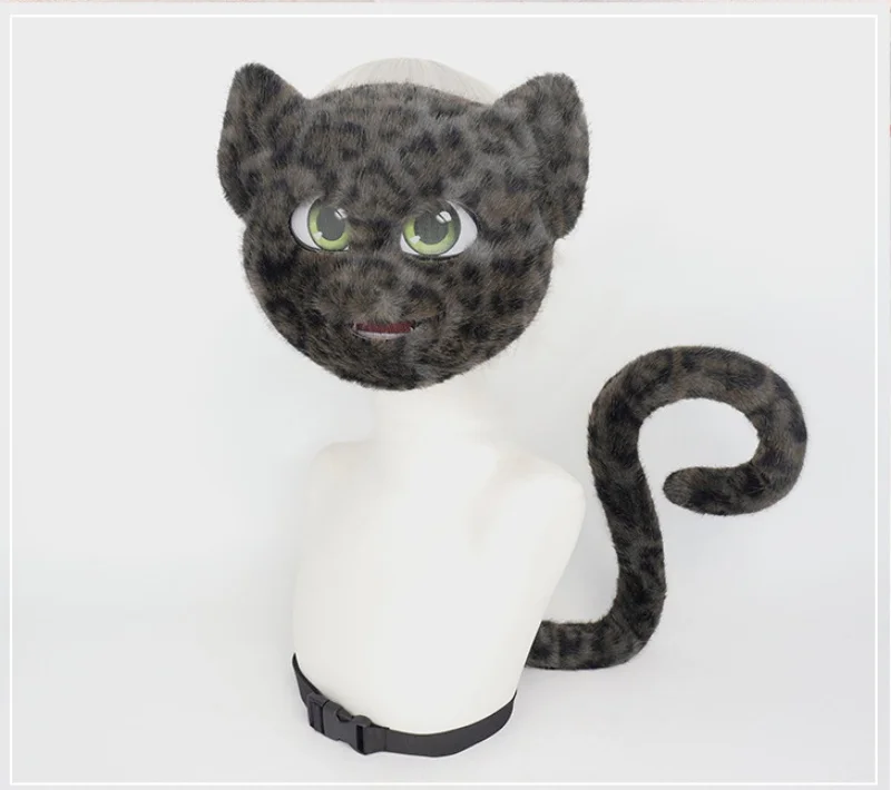 毛皮の猫マスクと尻尾セット かわいい動物コスプレコスチュームアクセサリー フェイクファー猫ヒョウ尻尾 ハロウィンパーティー アニメアクセサリー