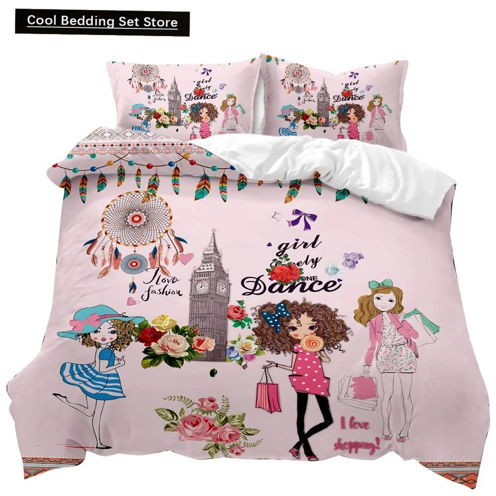 

Girl Duvet Cover Set Pink Fashion Girl Sister Flowers Bedding Set Kids Girls Theme Double Queen King Size Polyester Qulit Cover