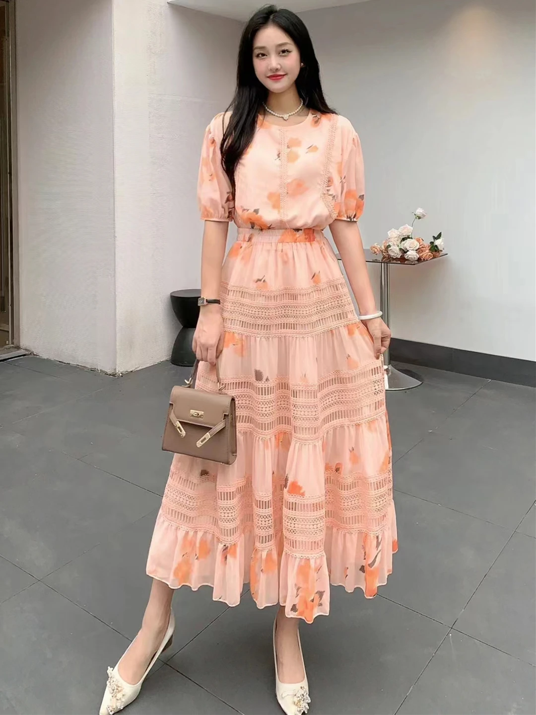 2024 New Summer Women Elegant Floral Skirt Suits Loose Short Sleeve Chiffon Shirt And Lace Patchwork Long Skirt Two Piece Set