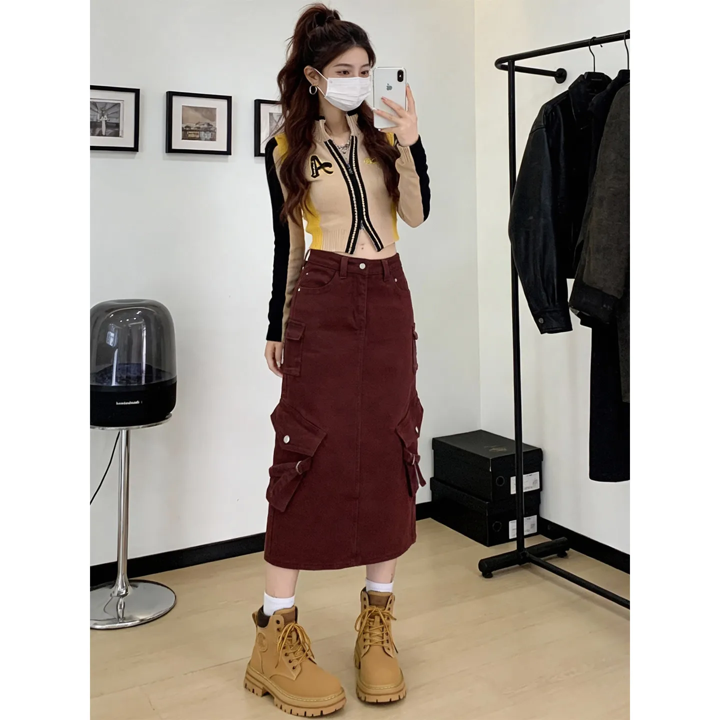 

Винтажная прямая юбка-карго Y2K бордового цвета с высокой талией, джинсовая юбка миди с множеством карманов, в стиле Харадзюку, дерзкий и милый женственный уличный образ