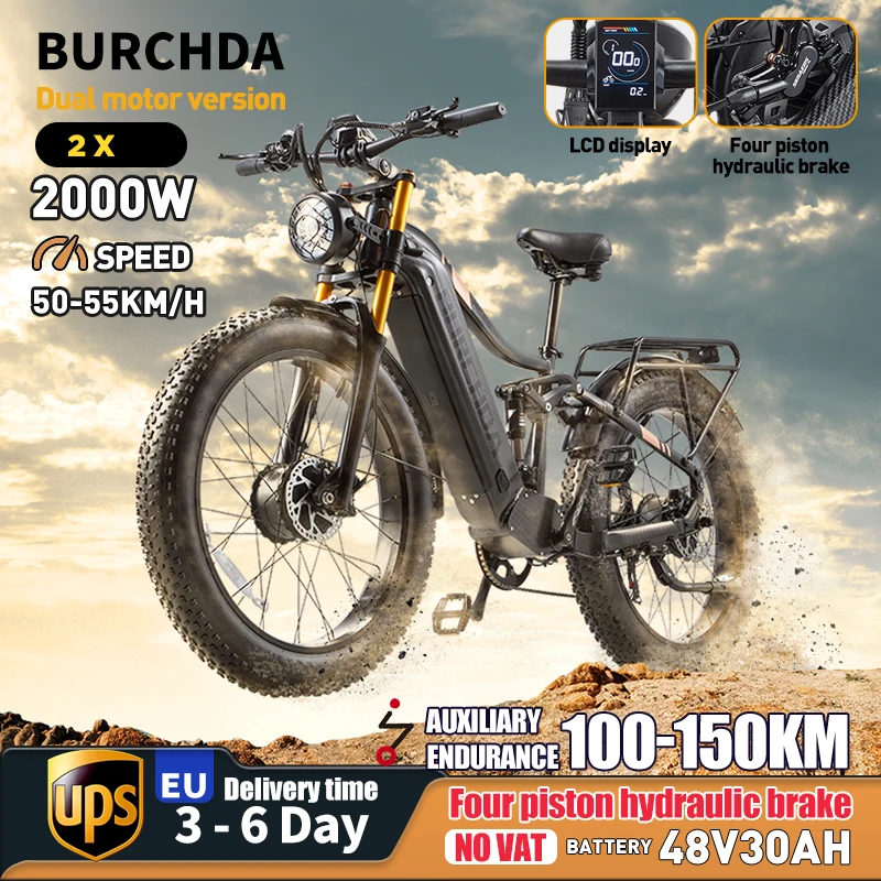 Burchda Hc26 Dual Motor 2000W Elektrofahrrad 48V Elektro-Dirtbike Doppel-30Ah-Batterie Elektro-Mountainbike mit Fettreifen