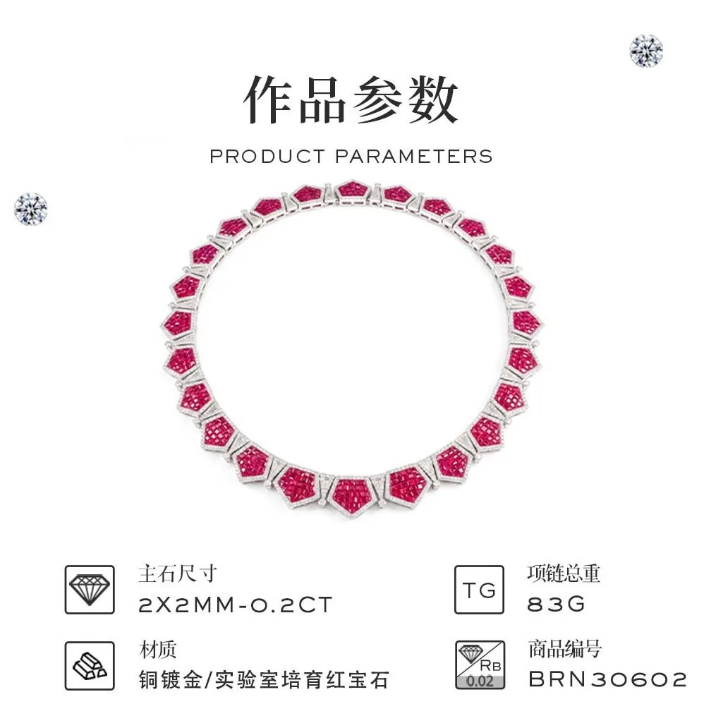 French Luxury Gold Plated Brass Necklace Bezel Set Artificial Ruby July Birthstone Geometric Honeycomb Jewelry for Women Wedding