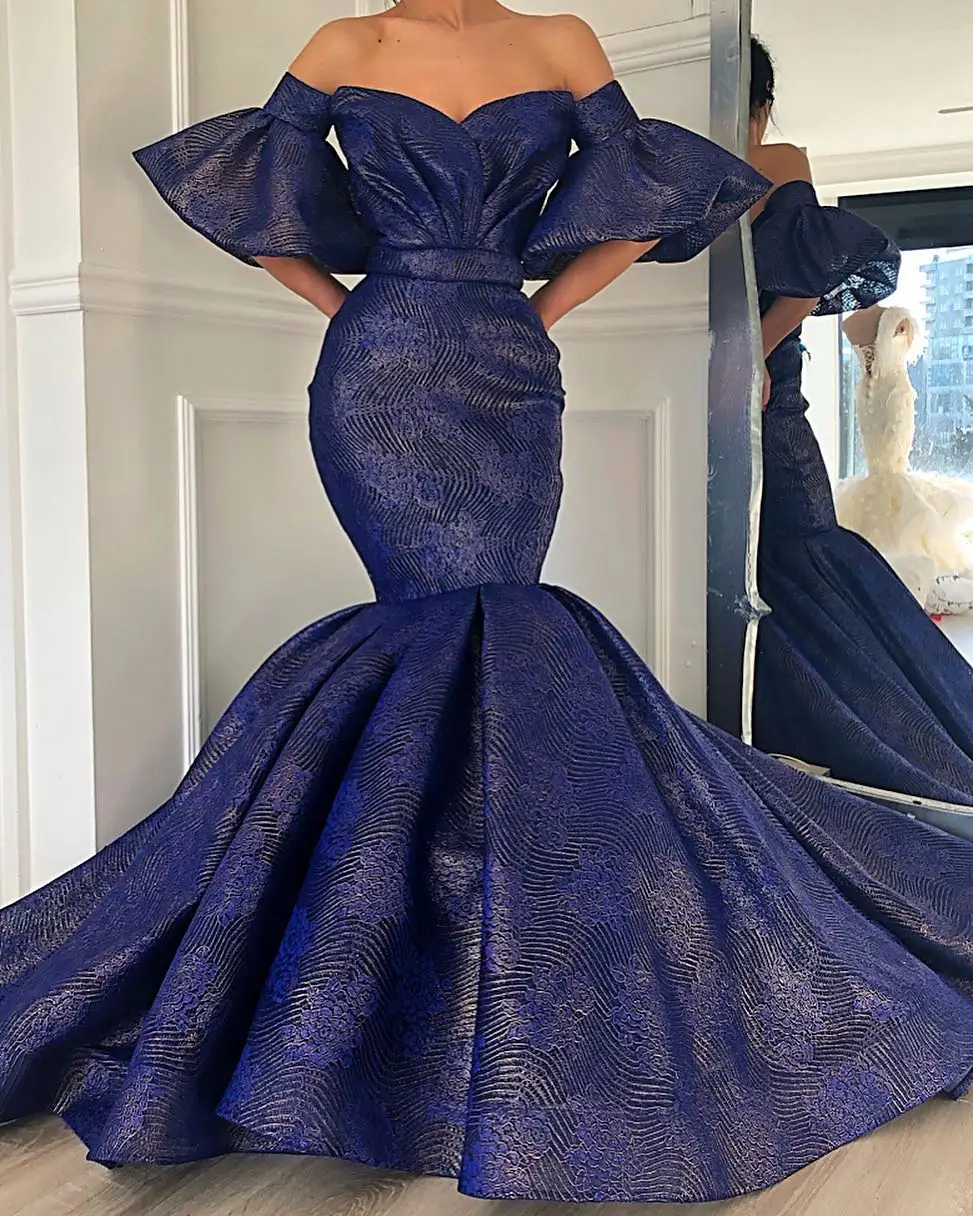 Navy Blue Haute Couture Prom Dresses Mermaid V-neck Lace Saudi Arabia Dubai Robe De Soiree Evening Dress Gown