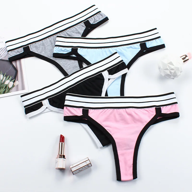 Ladies Color Blocked Cotton Thongs Striped Elastic Waistband Women's T-pants Yoga Fitness G-string Seamless Invisible T-back image 6