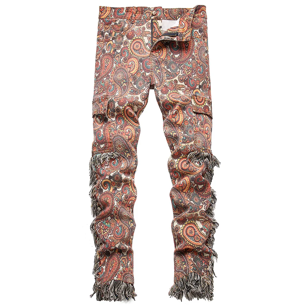 

Men Bandana Print Pants Plus Size Multi Pockets Cargo Jeans Fashion Tassels Paisley Bandanna Trousers