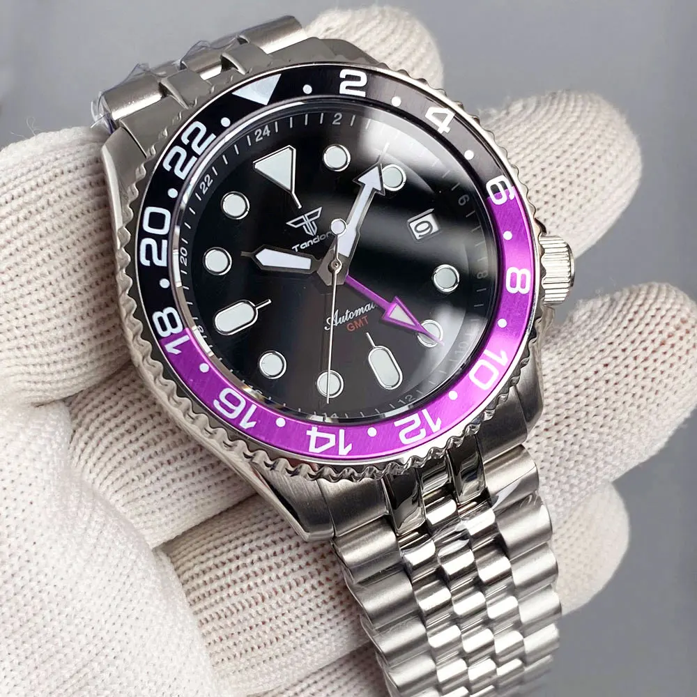 Tandorio Dive 41mm Black Purple NH34 GMT Steel Automatic Watch Men 24 Hours Chapter Ring 120click Bezel Sapphire SKX 3.8 Crown