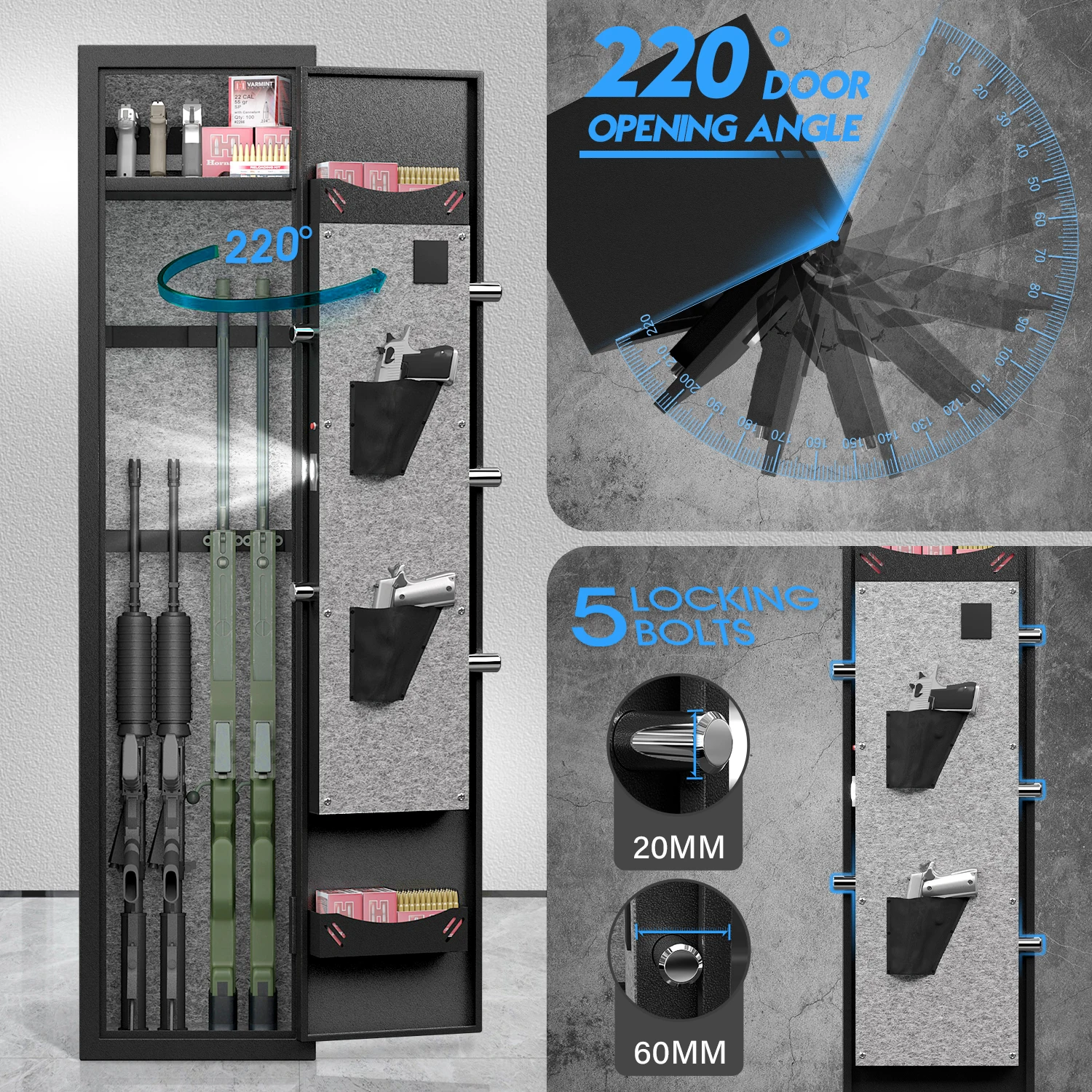 Kavey Biometric Fingerprint Gun Safe, Quick Access Gun Cabinets with LED Light, Adjustable Gun Rack and Removable Shelf