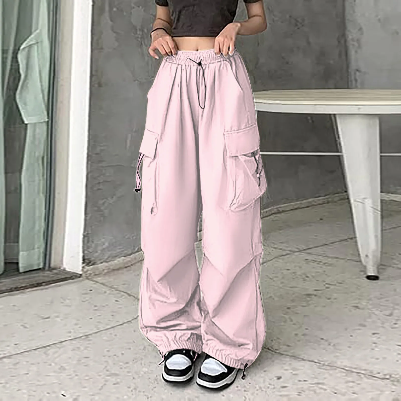 2024 Women Casual Joggers Tech Pants Solid Low Waist Pants Drawstring Wide Leg Baggy Trousers Y2k Streetwear Oversize Sweatpants