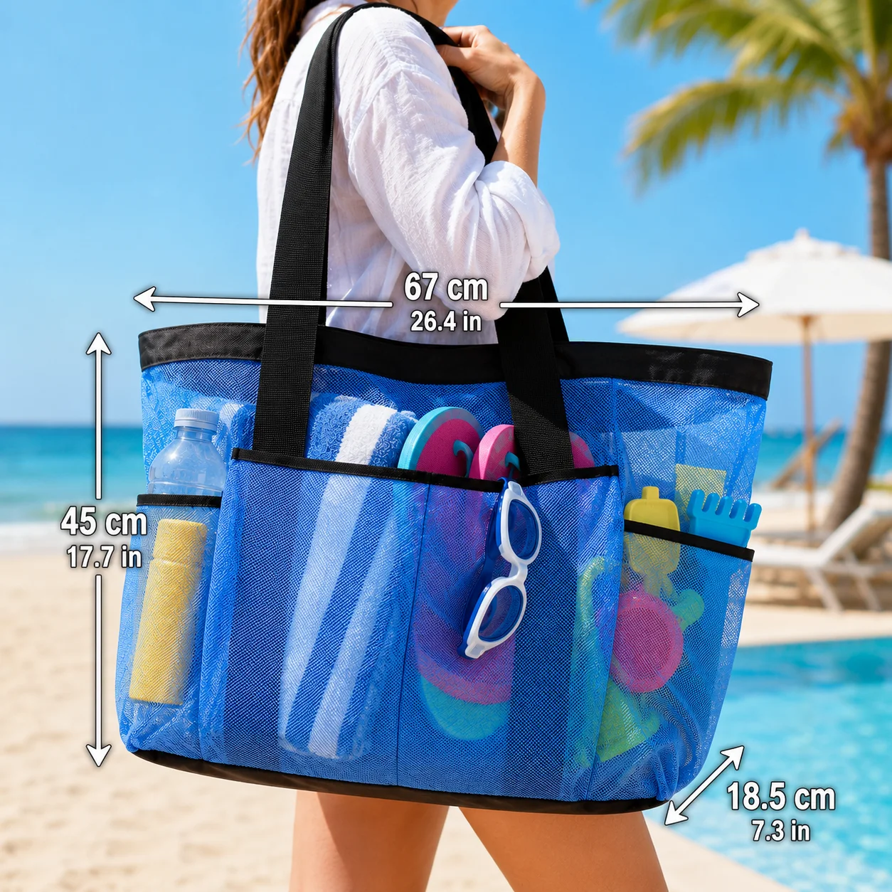 Extra Large Mesh Beach Bag with Pockets, Foldable Pool Tote Bag for Towels Swimwear Toys Travel Vacation