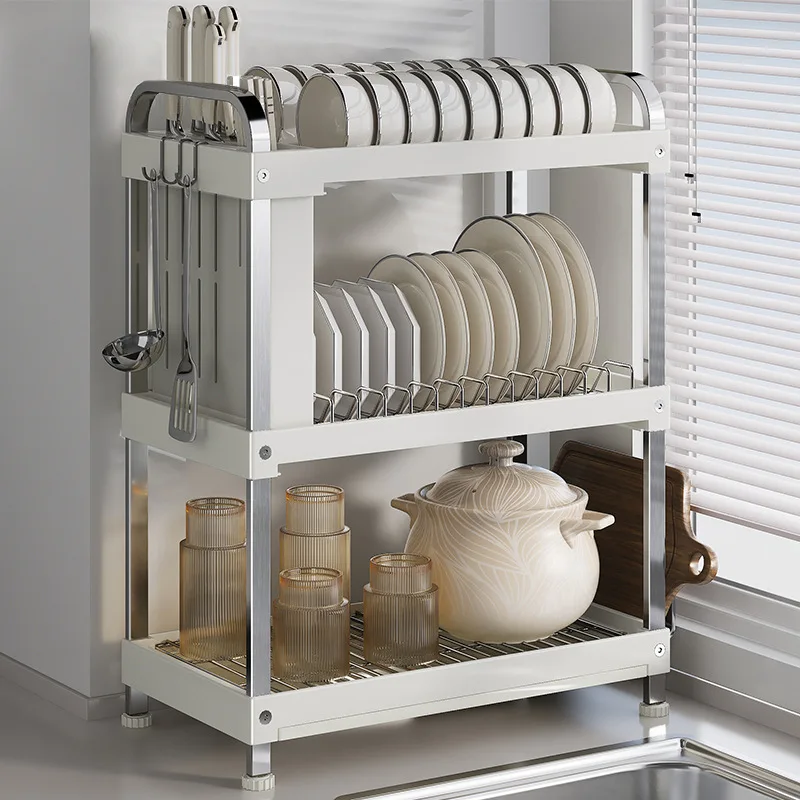 

Stainless Steel Bowl Rack Multi-purpose Storage Rack Countertop Cutter Holder Chopstick Cutting Board Organizer with Drain Tray