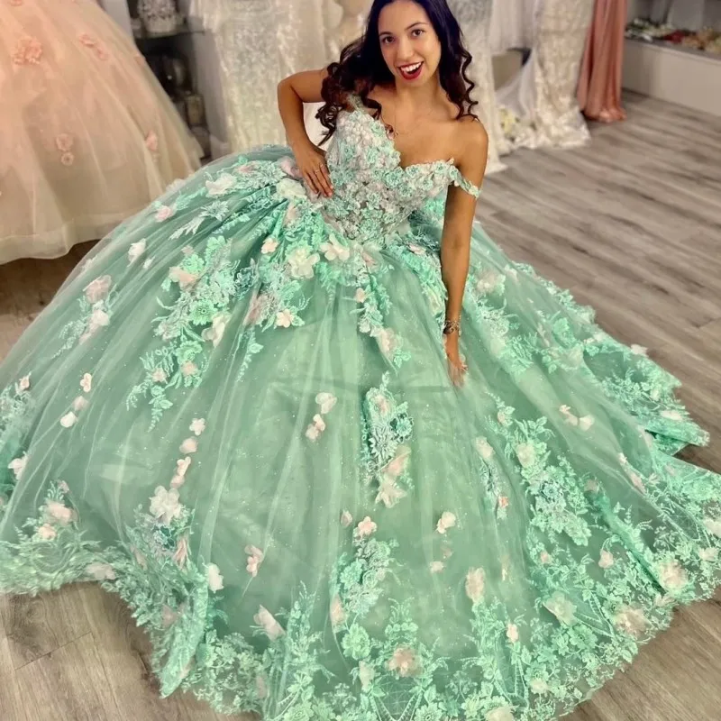 ANGELSBRIDEP Sage Green Quinceanera Dresses 2024 Charro Xv Mexican Sweetheart Lace Up 3D Floral Birthday Vestidos De 15 Anos