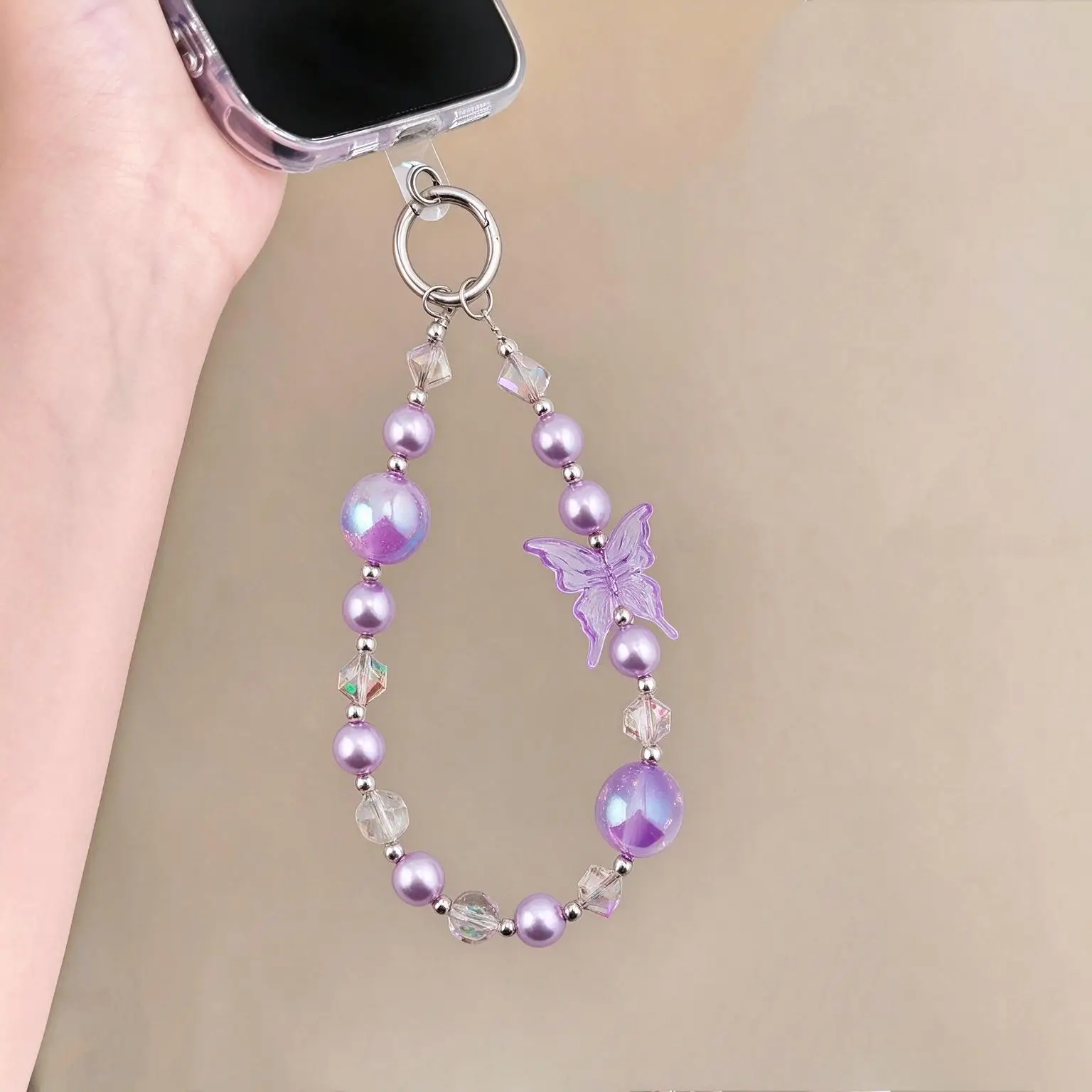Women's Fashion Butterfly Phone Charm Sparkling Pearl Beaded Pendant Bag Charm Colorful Backpack Accessory Party Decoration Gift