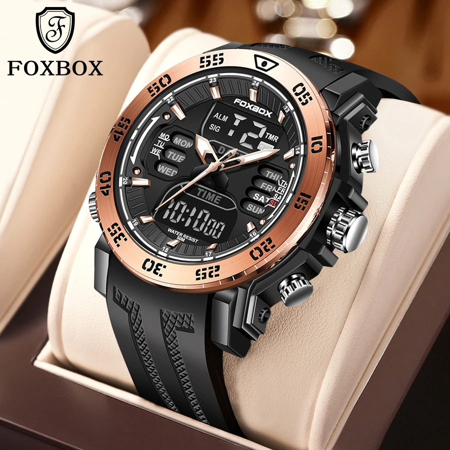 FOXBOX Fashion Electronic Man Watch Casual Sport Dual Digital Display Quartz Watches for Men Military 50m Waterproof Week Clocks